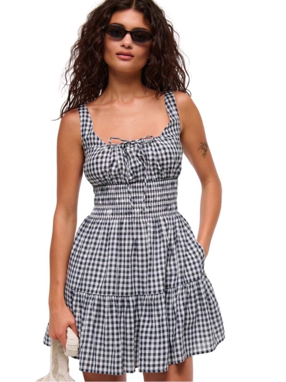 NWT Abercrombie & Fitch Dress Blue White Gingham Milkmaid Smocked Size L Petite